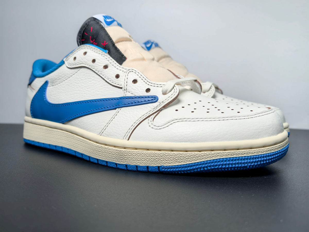 Air Jordan 1 Retro Low OG SP Fragment x Travis Scott Sail Military Blue - Angle View 5