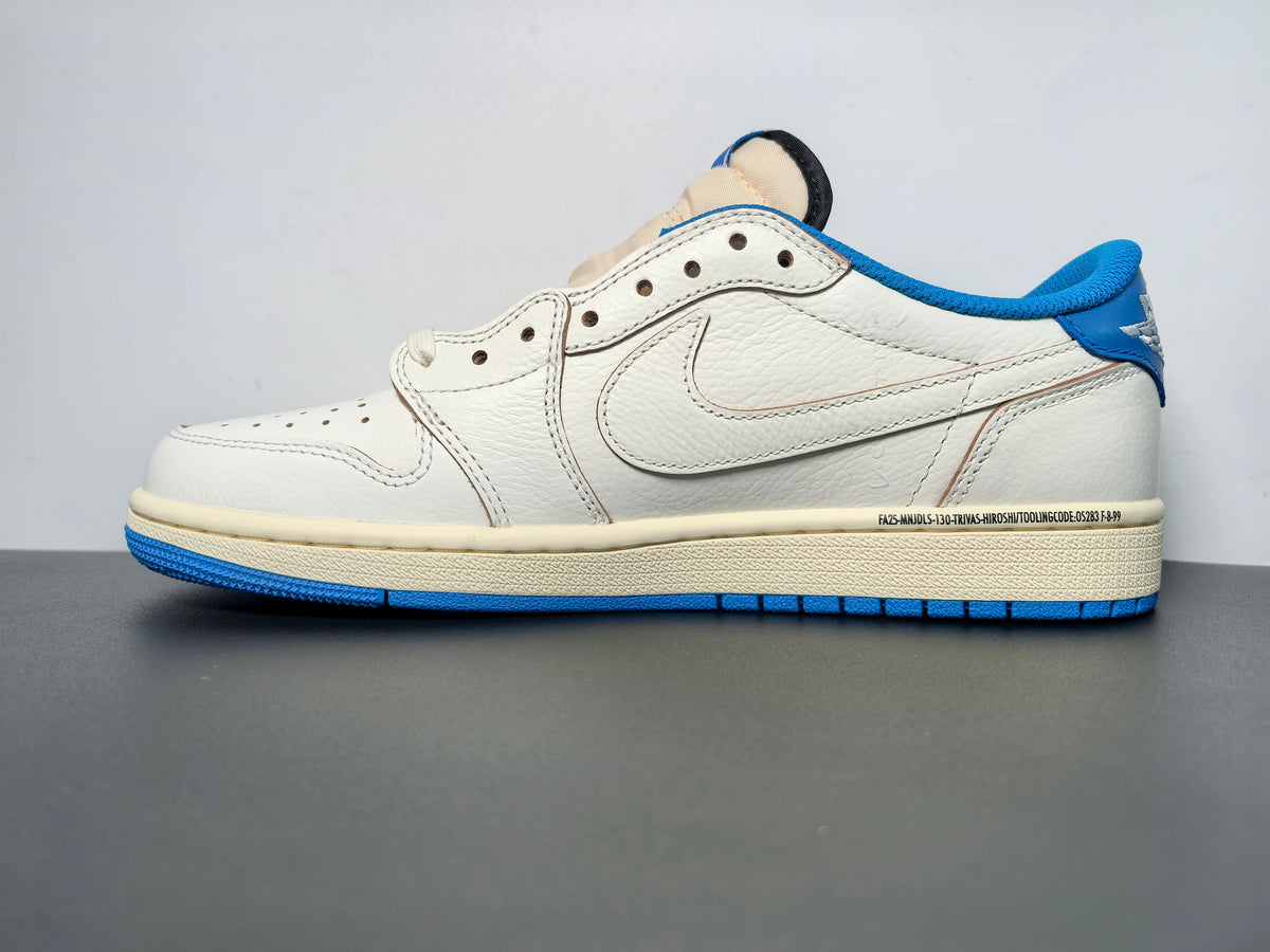 Air Jordan 1 Retro Low OG SP Fragment x Travis Scott Sail Military Blue - Angle View 4